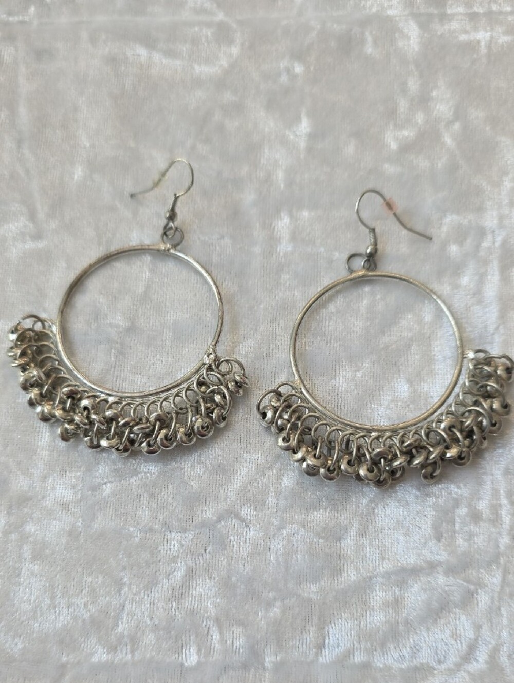 Bollywood Boho Silver Tone Hoop Fringe Dangle Earrings - Picture 2 of 4
